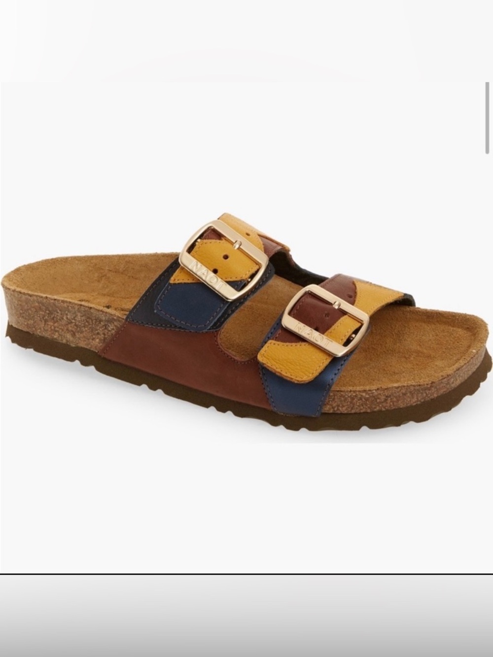 Naot San Diego Slide Sandals in Brown, Mustard, and Navy, Size 7/38 EU, NWB